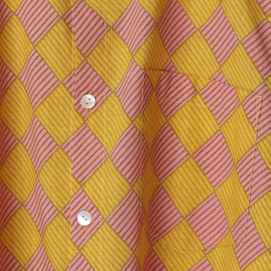 Retro Check Men’s Cotton Shirt – Yellow & Pink Block Print | Vibrant Summer Look