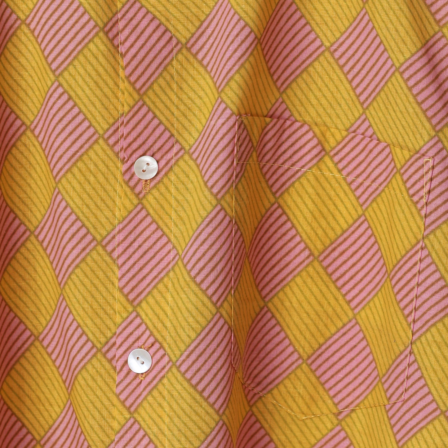 Retro Check Men’s Cotton Shirt – Yellow & Pink Block Print | Vibrant Summer Look