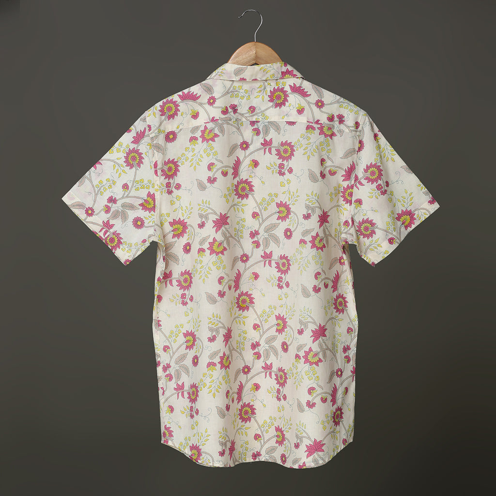Ceam Off White color Men's Pink Flower  Hand Block Print Short Sleeve hirt