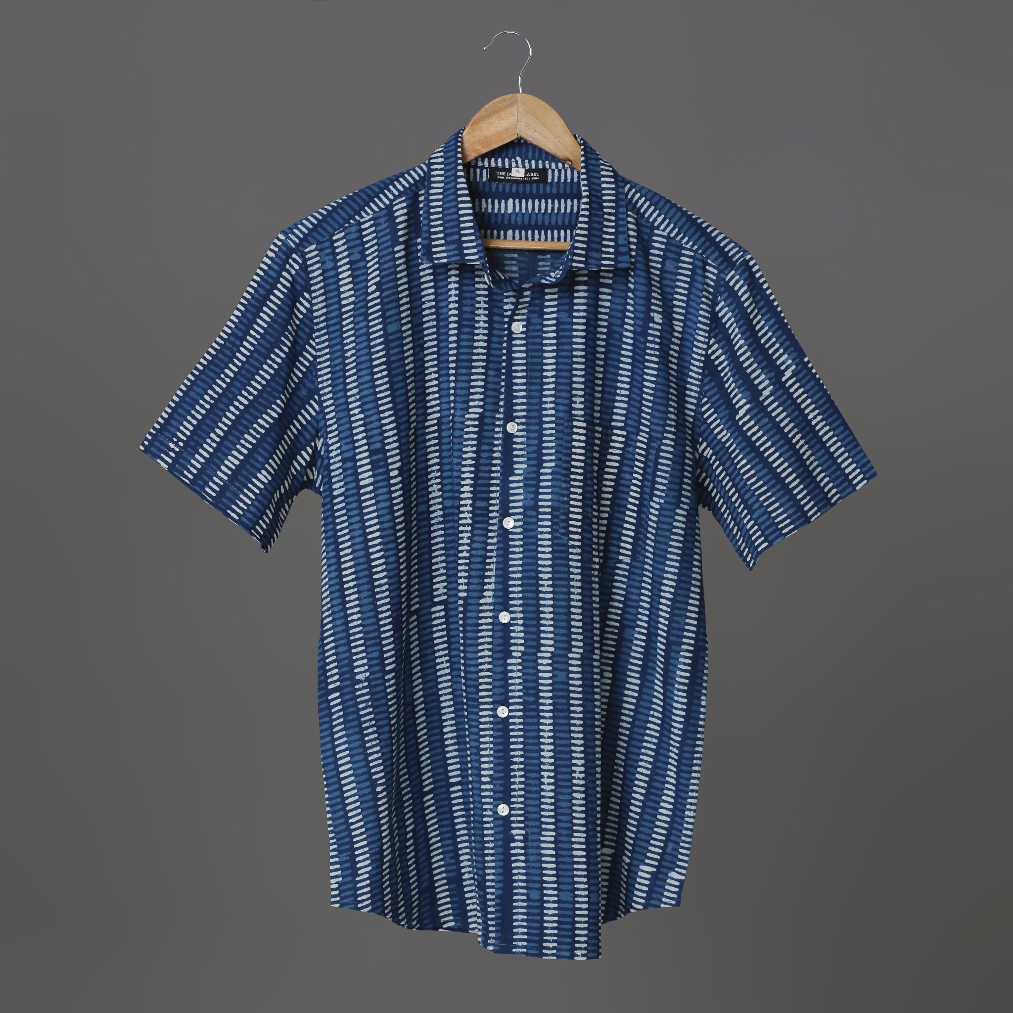 Indigo Charm Men’s Blue Cotton Shirt – Hand Block Print with Pocket | XL Size Casual Shirt