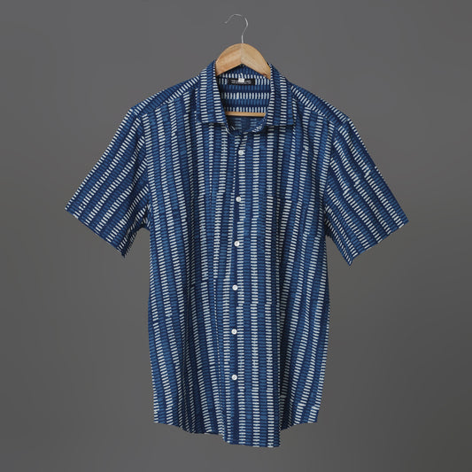 Indigo Charm Men’s Blue Cotton Shirt – Hand Block Print with Pocket | XL Size Casual Shirt