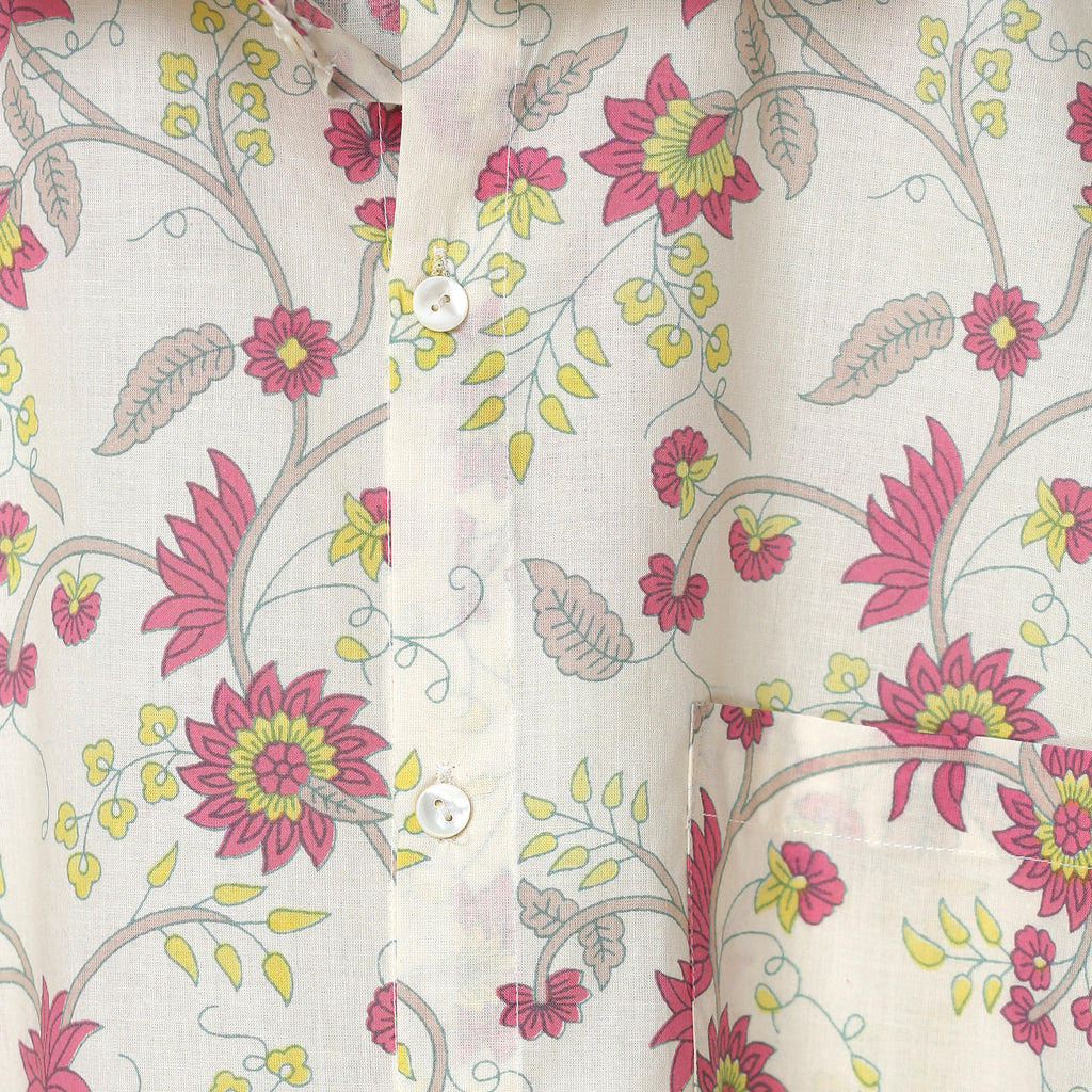 Ceam Off White color Men's Pink Flower  Hand Block Print Short Sleeve hirt