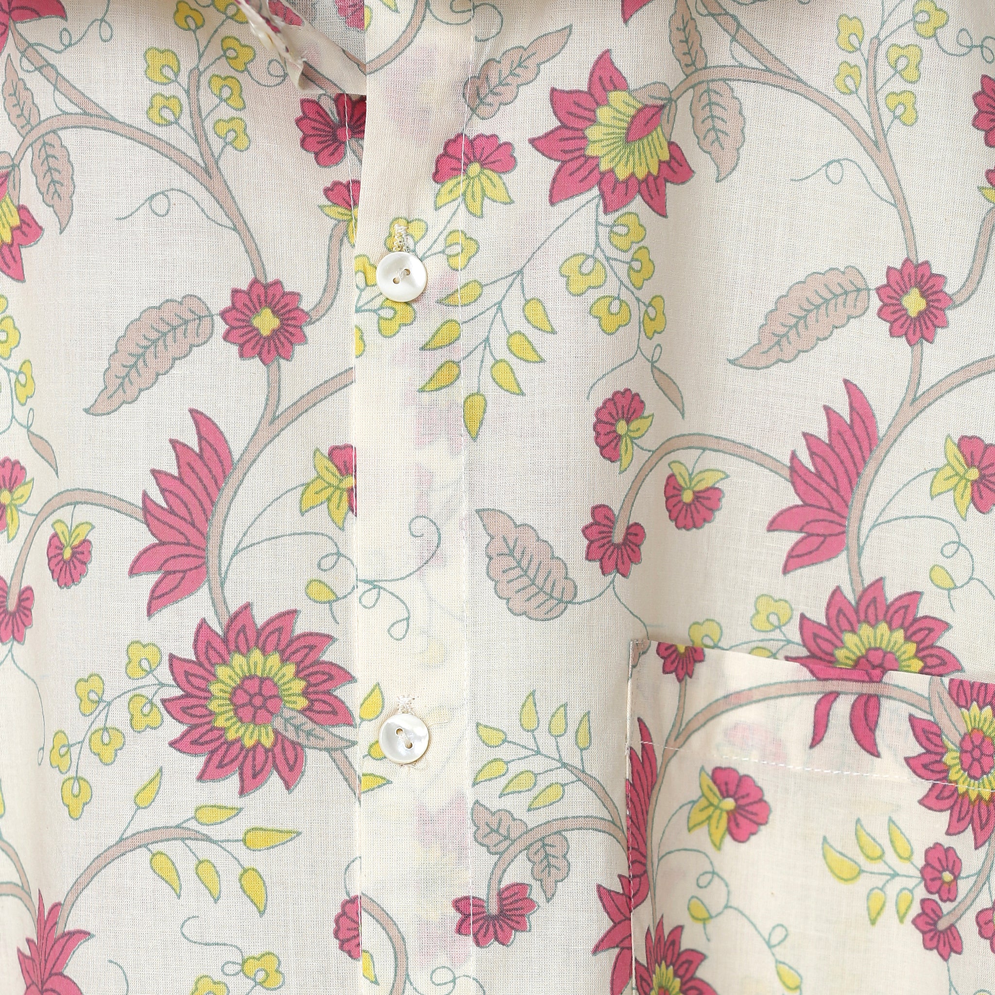 Ceam Off White color Men's Pink Flower  Hand Block Print Short Sleeve hirt