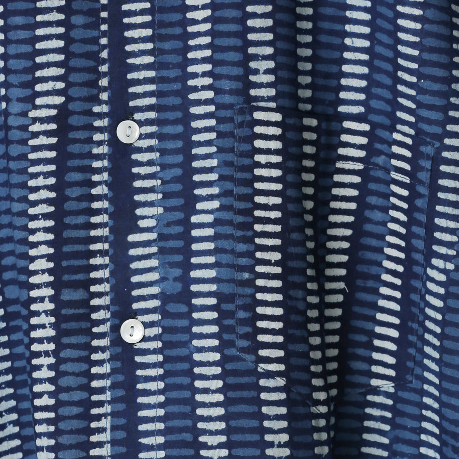 Indigo Blue Hand Block Print Cotton Shirt with Pocket for Men