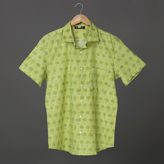 Green Rose Block Print Premium Cotton Boys Shirt Ideal for Goa Holidays Trip