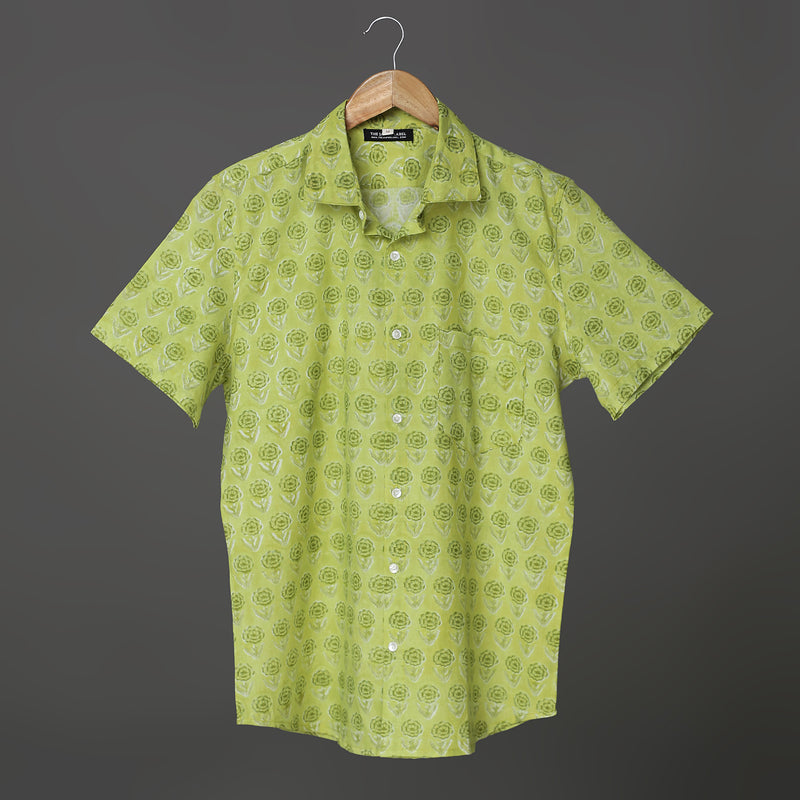 Green Rose Block Print Premium Cotton Shirt for Boy