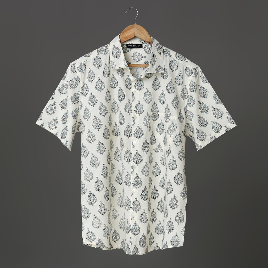 Classic White Cotton Shirt for Men – Black Block Print Floral Motif | Handcrafted Summer Shirt
