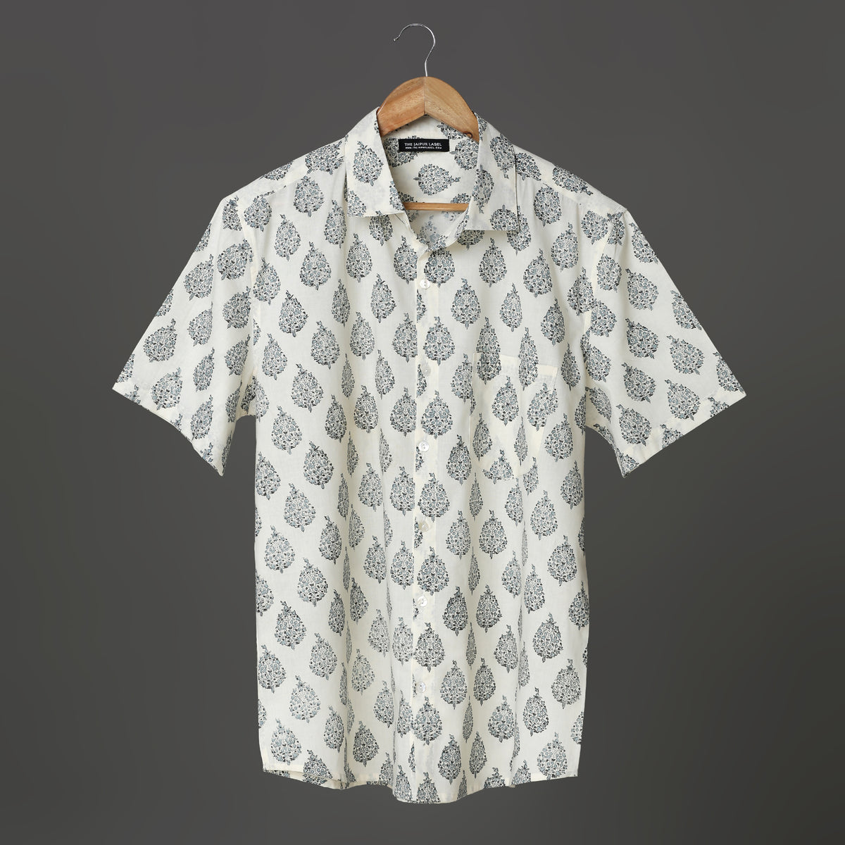 Classic White & Black Floral Hand Block Printed Cotton Shirt for Men | Handcrafted Casual and Vacation Wear Shirt