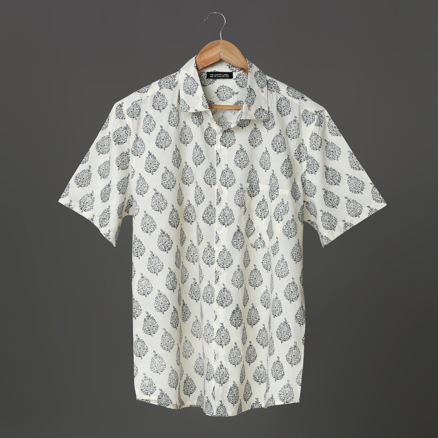 Classic White Cotton Shirt for Men – Black Block Print Floral Motif | Handcrafted Summer Shirt