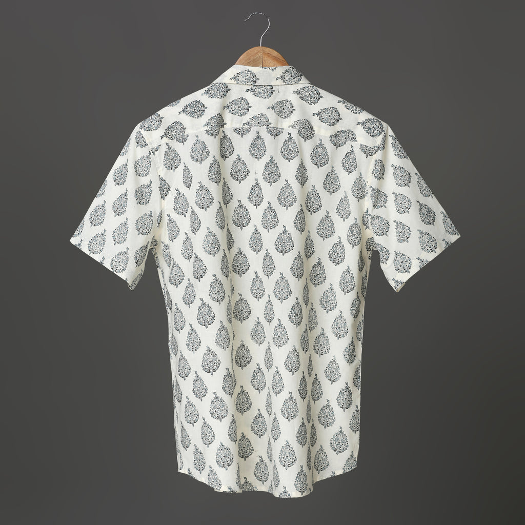 Classic White Cotton Shirt for Men – Black Block Print Floral Motif | Handcrafted Summer Shirt