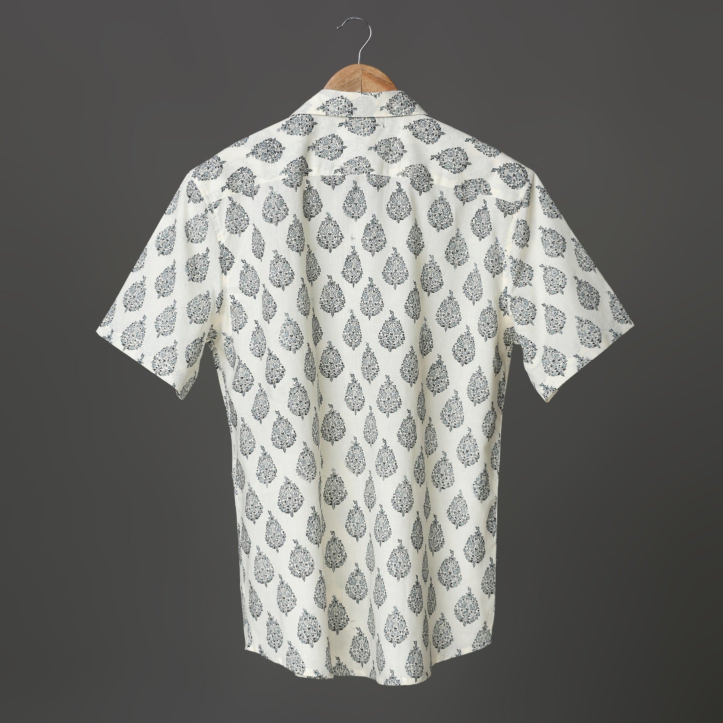 Classic White Cotton Shirt for Men – Black Block Print Floral Motif | Handcrafted Summer Shirt