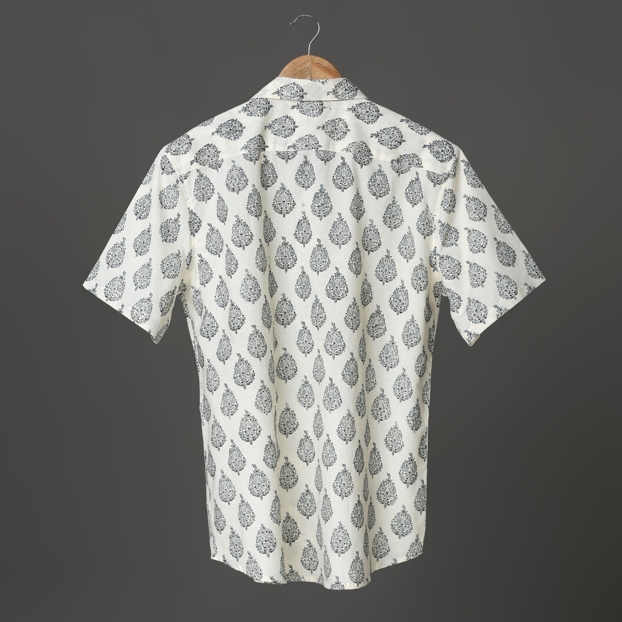 Classic White Cotton Shirt for Men – Black Block Print Floral Motif | Handcrafted Summer Shirt