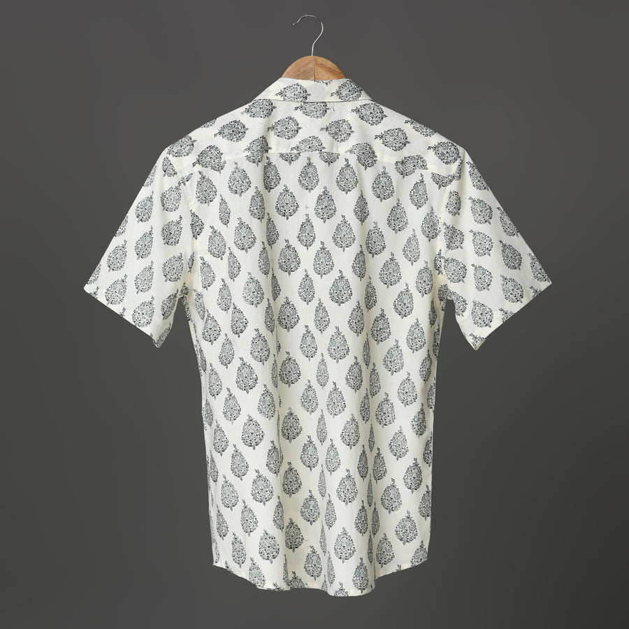 Classic White & Black Floral Hand Block Printed Cotton Shirt for Men | Handcrafted Casual and Vacation Wear Shirt