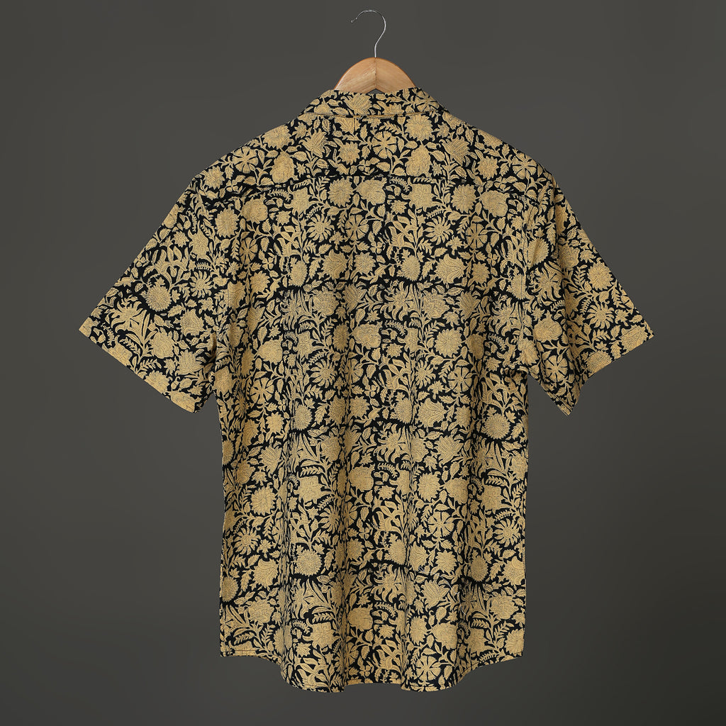 Men’s Hand Block Print Cotton Shirt – Black & Beige Floral | Jaipur Royal Threads