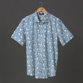 Men's Block Printed Short Sleeve Casual Cotton Shirt in Blue and White
