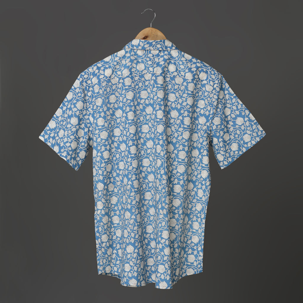 Men's Block Printed Short Sleeve Casual Cotton Shirt in Blue and White