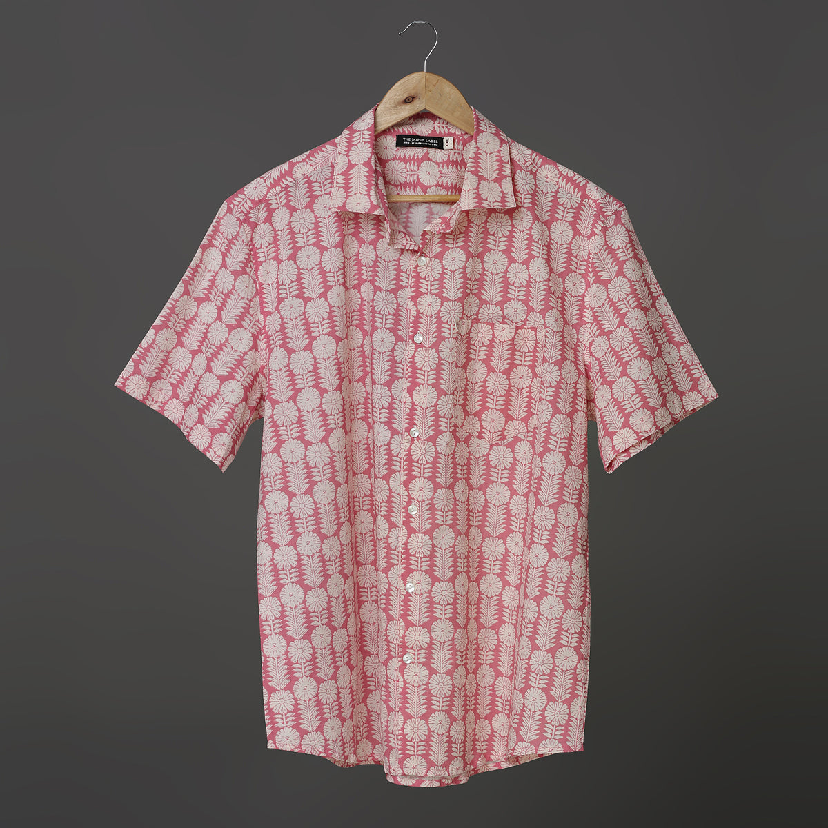 Pink Sanganeri Pine Floral Block Print Cotton Shirt for Men