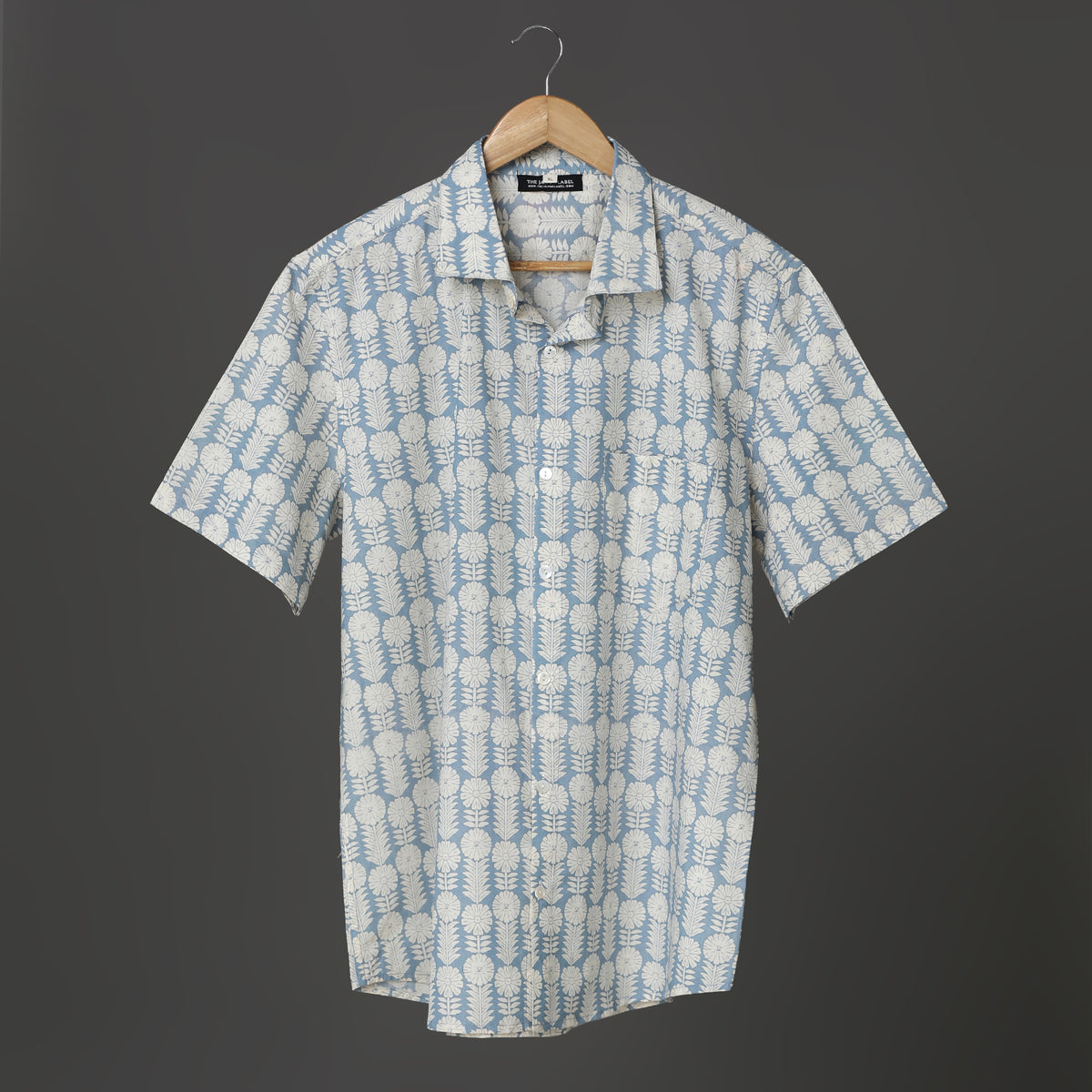 Sky Blue Block Printed Cotton Short Sleeve Shirt for Men