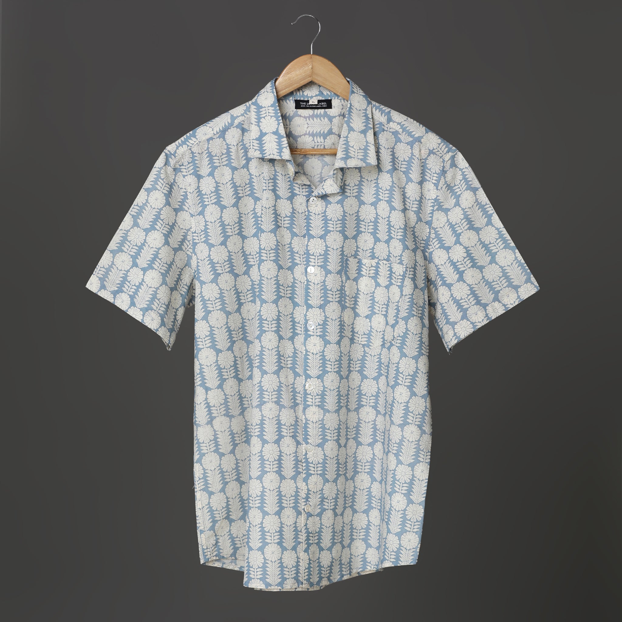 Sky Blue Men's Block Print Cotton shirt with short Sleeve ideal for Beach Pool Party