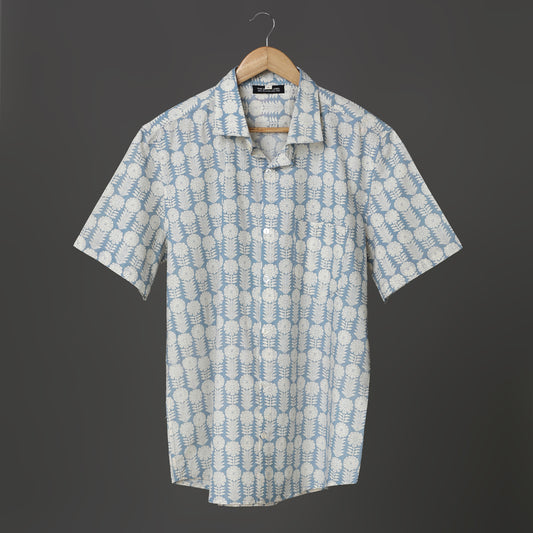 Sky Blue Men's Block Print Cotton shirt with short Sleeve ideal for Beach Pool Party