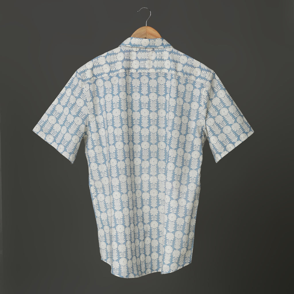 Sky Blue Men's Block Print Cotton shirt with short Sleeve ideal for Beach Pool Party