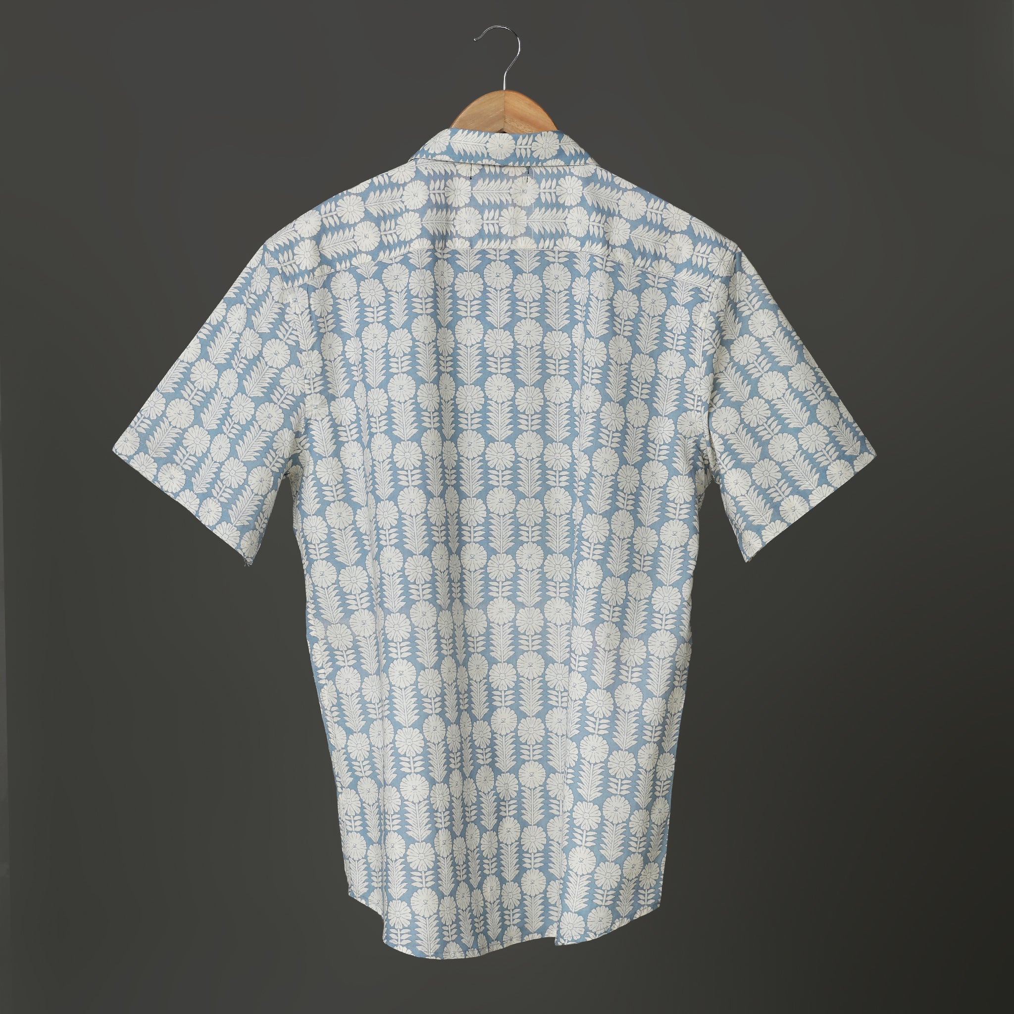 Sky Blue Men's Block Print Cotton shirt with short Sleeve ideal for Beach Pool Party