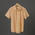 Men’s Yellow Printed Cotton Shirt – Red & White Block Motif | Lightweight Summer Shirt