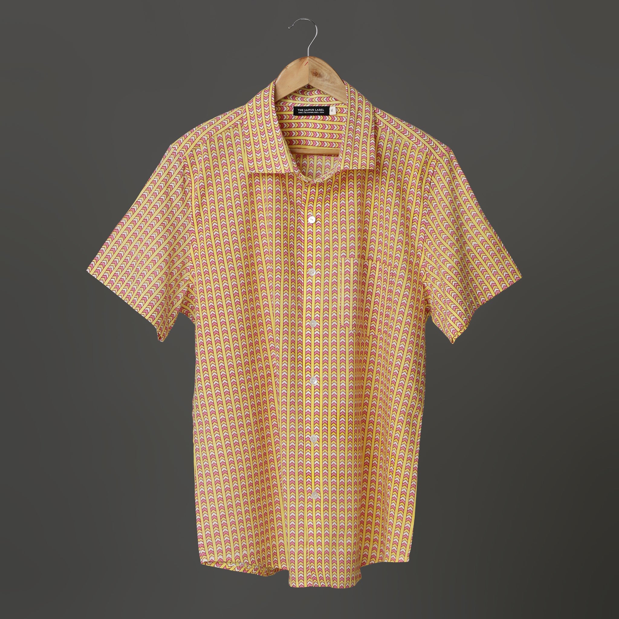 Men’s Yellow Printed Cotton Shirt – Red & White Block Motif | Lightweight Summer Shirt