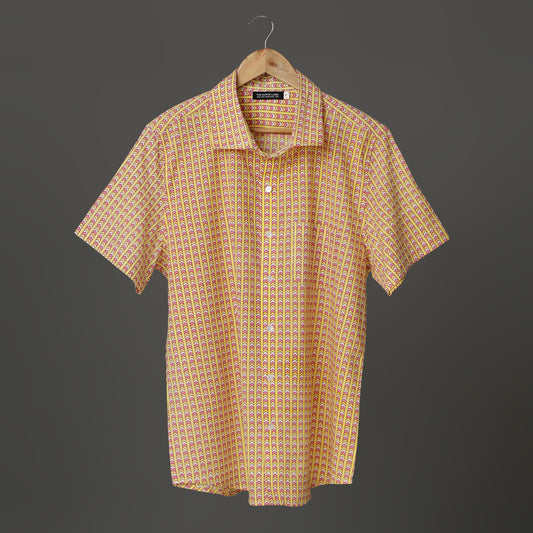 Men’s Yellow Printed Cotton Shirt – Red & White Block Motif | Lightweight Summer Shirt