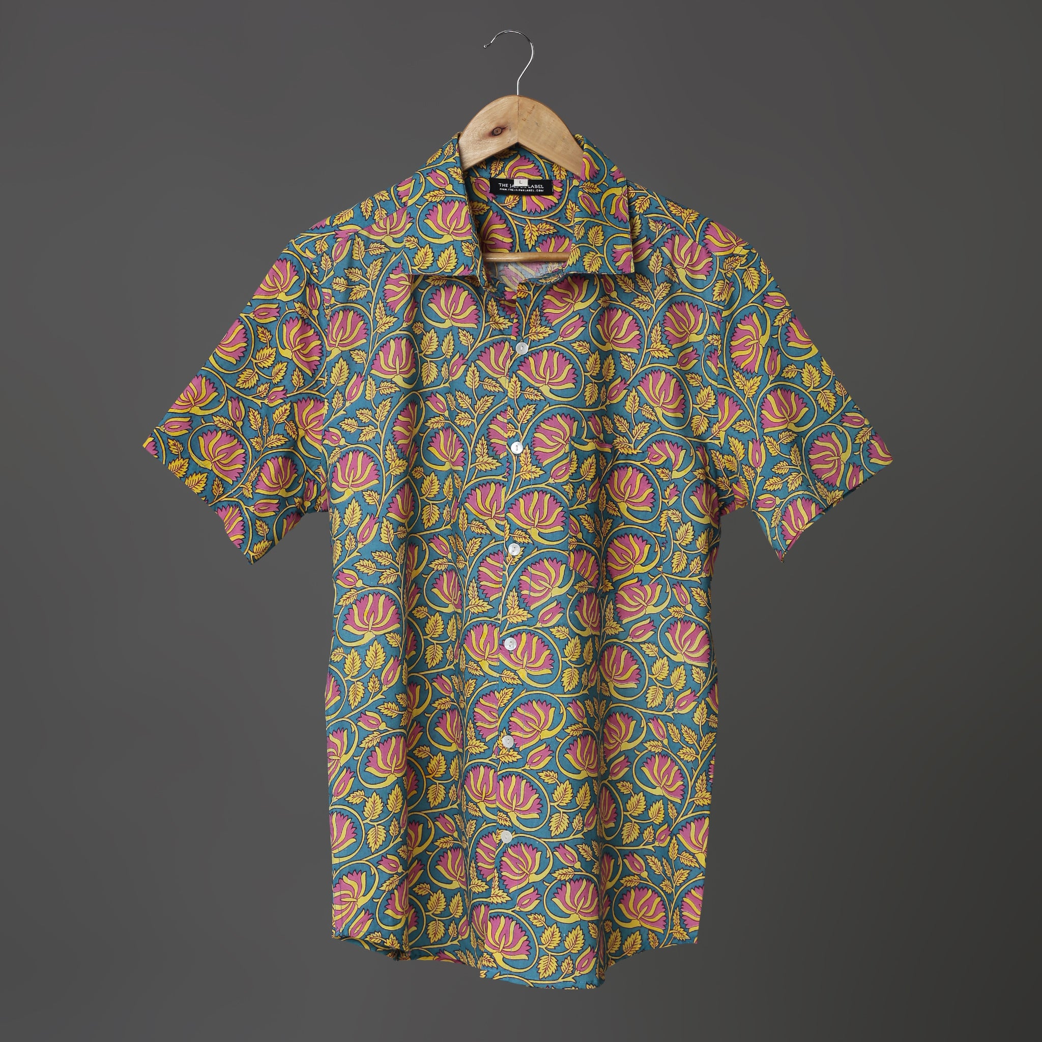 Men’s Casual Bold Floral Block Print Shirt – Pink & Yellow on Teal | Jaipur Royal Threads Cotton