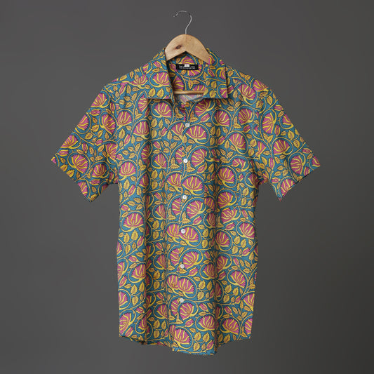 Men’s Casual Bold Floral Block Print Shirt – Pink & Yellow on Teal | Jaipur Royal Threads Cotton