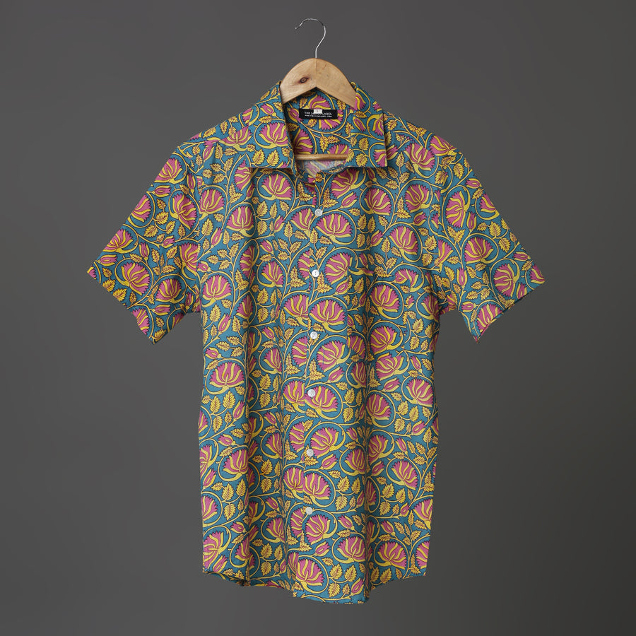 Grey Red Yellow Floral Block Print Cotton Shirt for Men