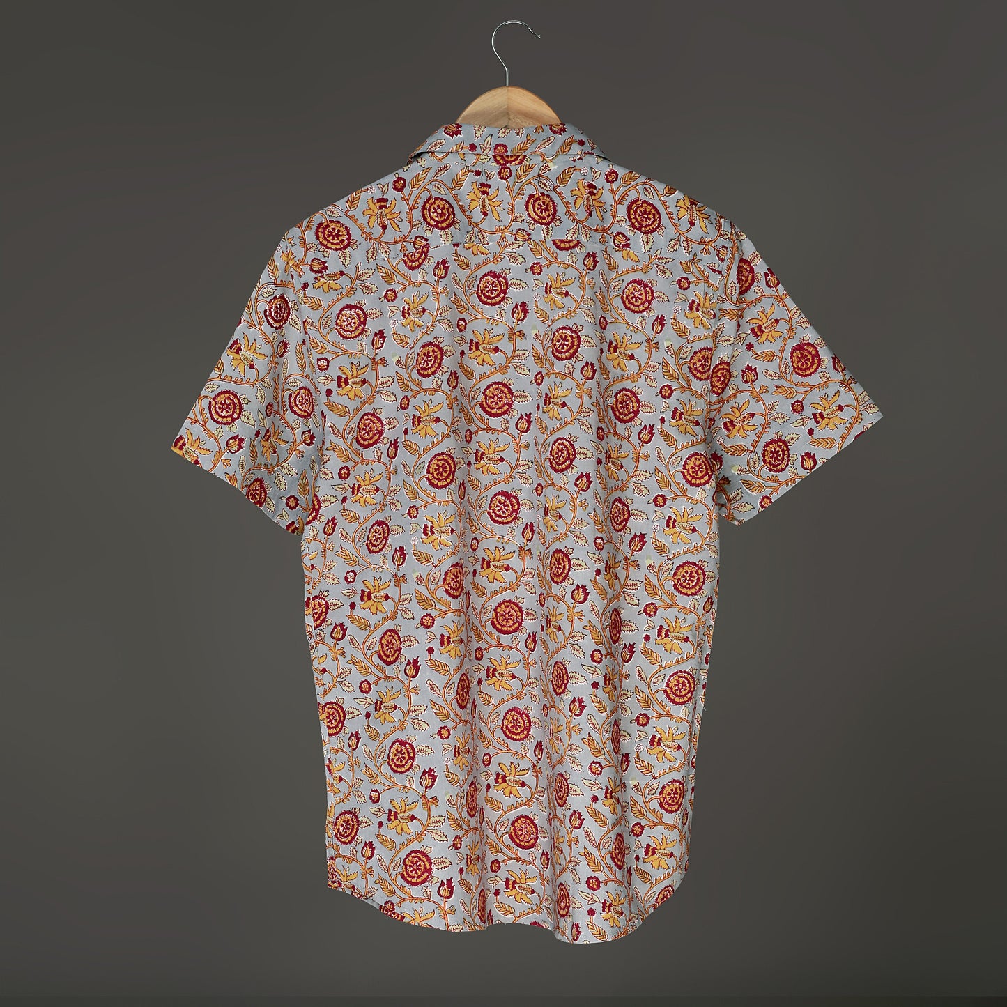 Men’s Floral Hand Block short Sleeve Cotton Shirt – Red & Yellow on Grey | Jaipur Royal Threads