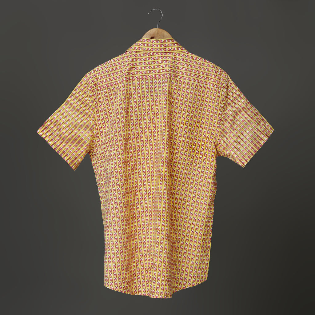 Men’s Yellow Printed Cotton Shirt – Red & White Block Motif | Lightweight Summer Shirt