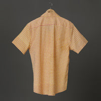 Yellow Printed Cotton Shirt with Red & White Block Motif for Men