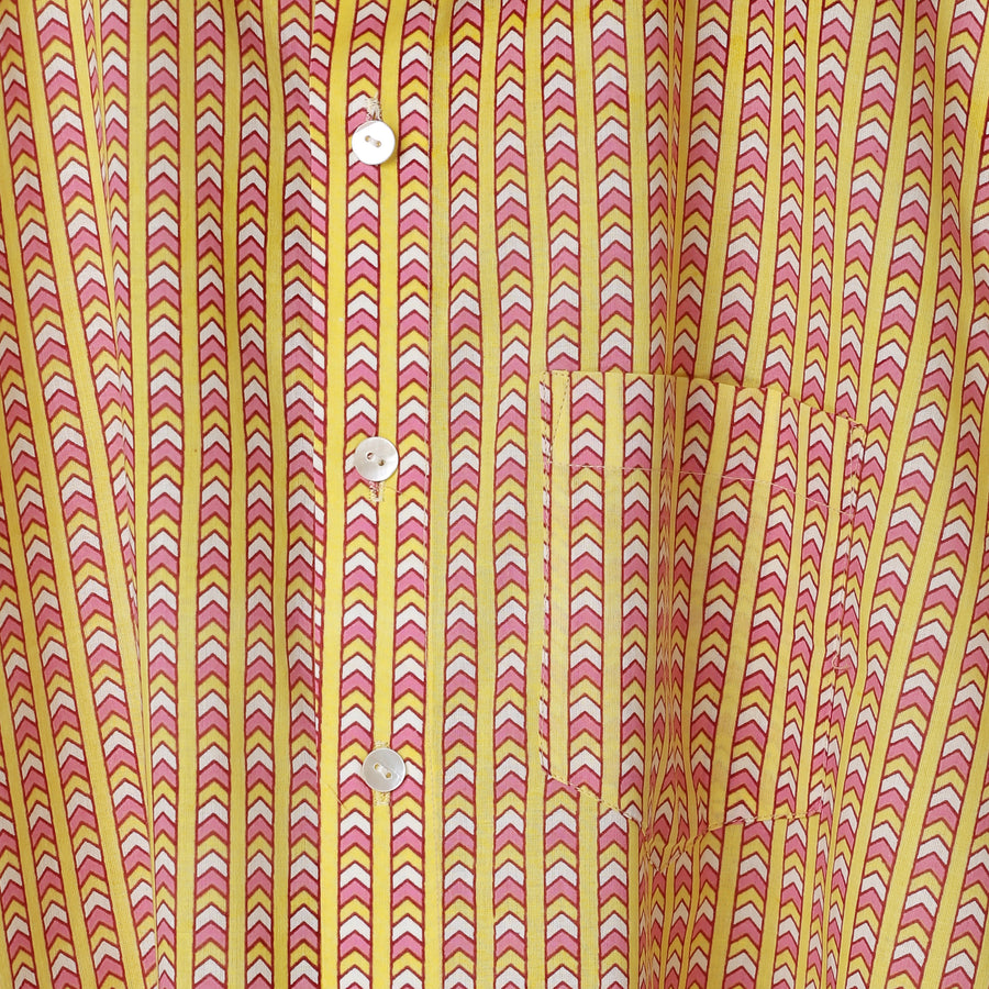 Yellow Printed Cotton Shirt with Red & White Block Motif for Men