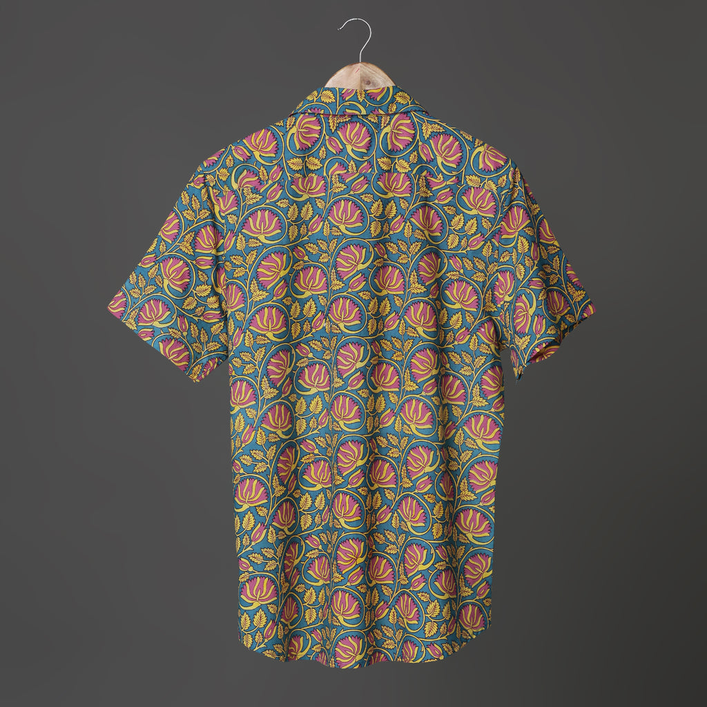 Men’s Casual Bold Floral Block Print Shirt – Pink & Yellow on Teal | Jaipur Royal Threads Cotton