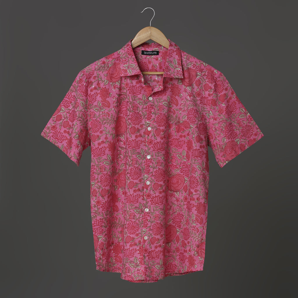 Pink Color Men shirt with Lotus and Rose design Block Print Short sleeve shirt