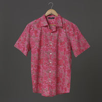 Pink Lotus & Rose Floral Hand Block Printed Cotton Short Sleeve Shirt for Men | Breathable Summer Casual Button-Down Indian Artisan Shirt