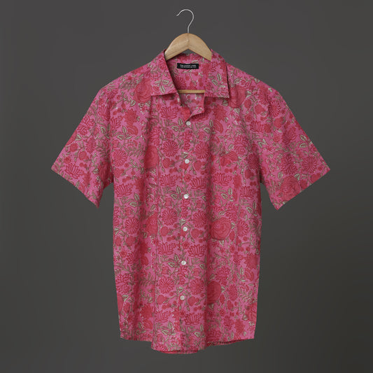 Pink Color Men shirt with Lotus and Rose design Block Print Short sleeve shirt