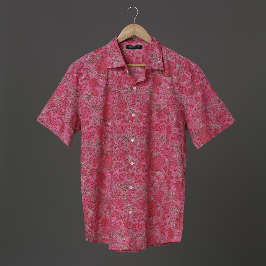 Pink Lotus & Rose Floral Hand Block Printed Cotton Short Sleeve Shirt for Men | Breathable Summer Casual Button-Down Indian Artisan Shirt