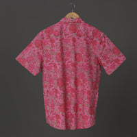 Pink Lotus & Rose Floral Hand Block Printed Cotton Short Sleeve Shirt for Men | Breathable Summer Casual Button-Down Indian Artisan Shirt