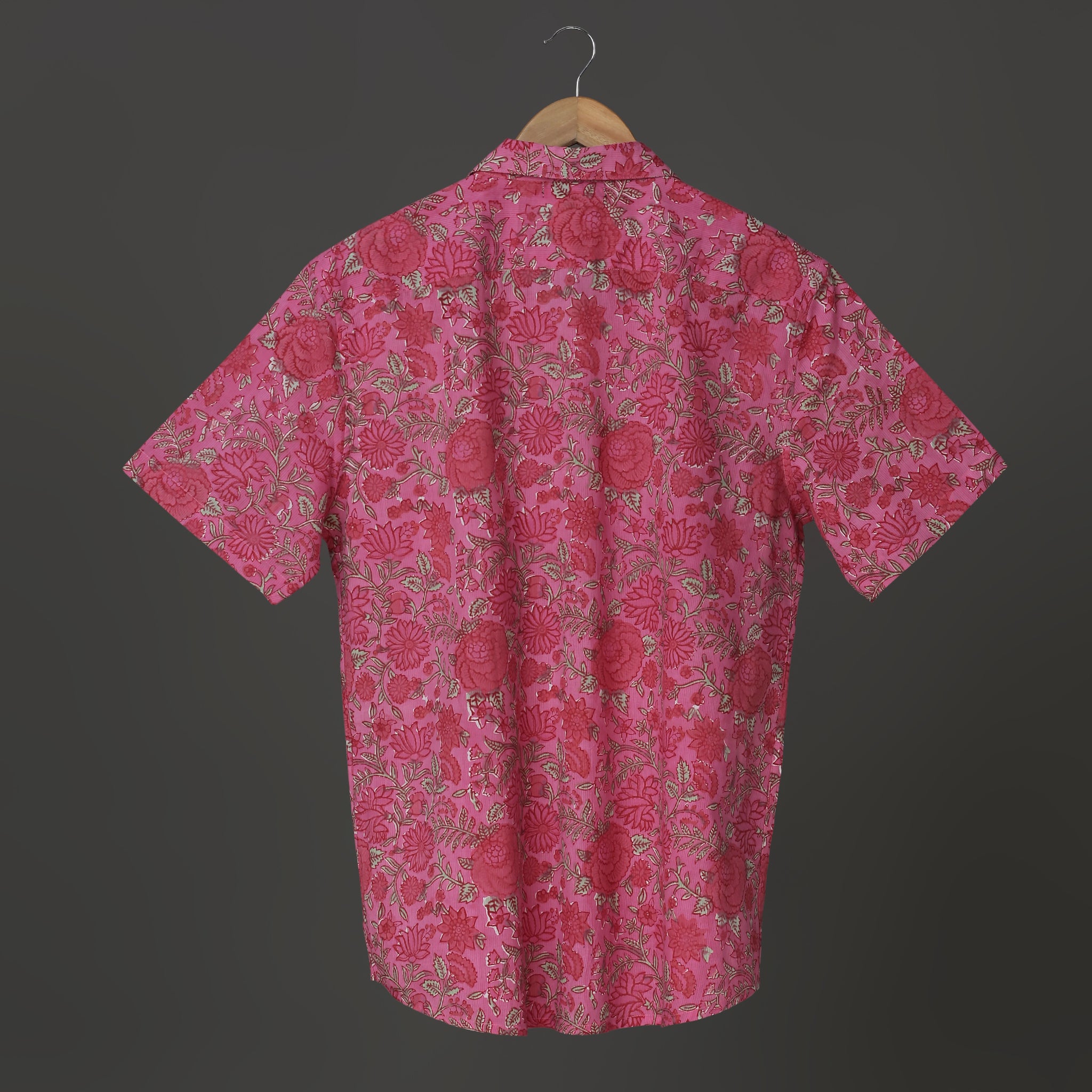 Pink Color Men shirt with Lotus and Rose design Block Print Short sleeve shirt