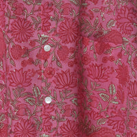 Pink Lotus & Rose Floral Hand Block Printed Cotton Short Sleeve Shirt for Men | Breathable Summer Casual Button-Down Indian Artisan Shirt
