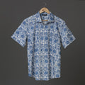 Botanical Bloom Men’s White Cotton Shirt – Big Blue Floral Block Print | Artistic Summer Shirt