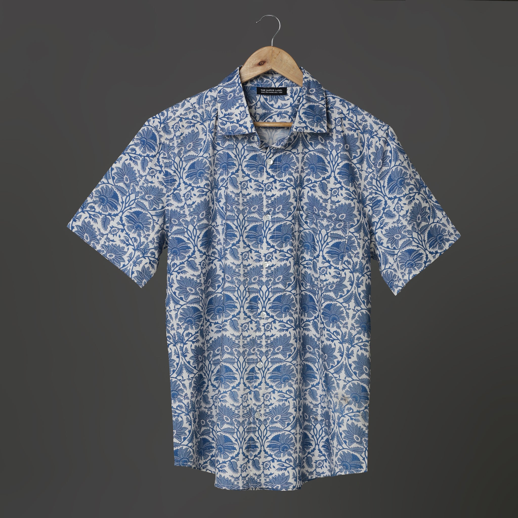 Botanical Bloom Men’s White Cotton Shirt – Big Blue Floral Block Print | Artistic Summer Shirt