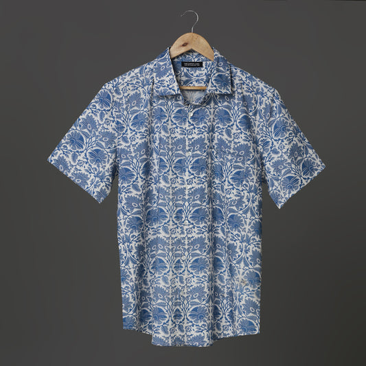 Botanical Bloom Men’s White Cotton Shirt – Big Blue Floral Block Print | Artistic Summer Shirt