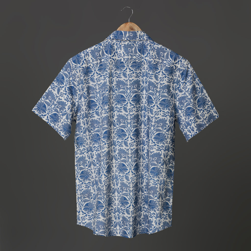 Botanical Bloom Men’s White Cotton Shirt – Big Blue Floral Block Print | Artistic Summer Shirt