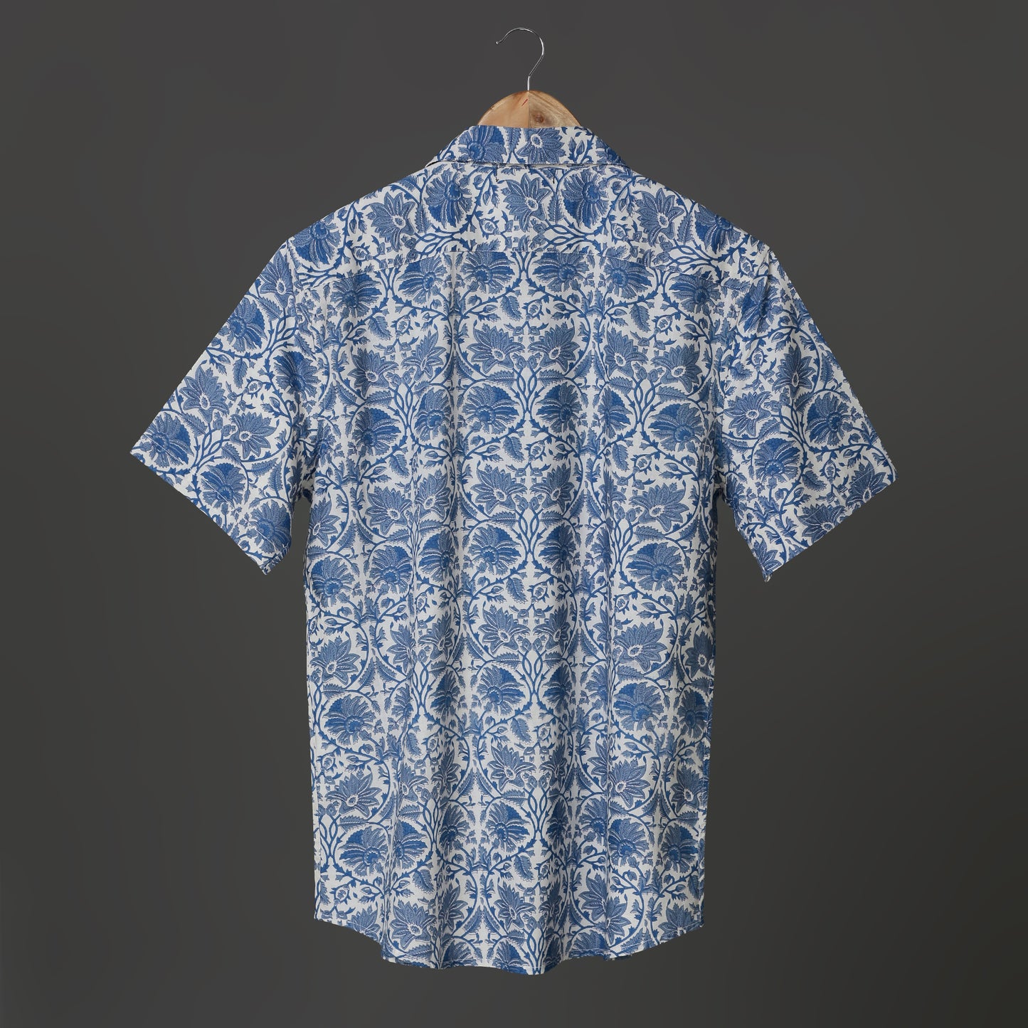 Botanical Bloom Men’s White Cotton Shirt – Big Blue Floral Block Print | Artistic Summer Shirt