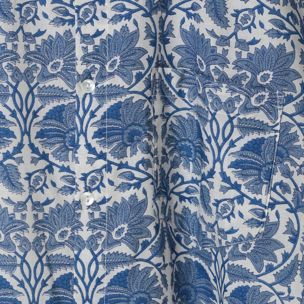Botanical Bloom Men’s White Cotton Shirt – Big Blue Floral Block Print | Artistic Summer Shirt